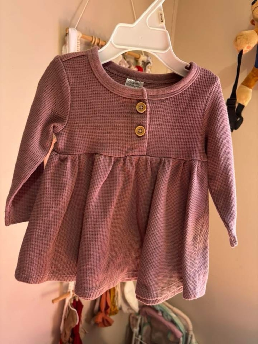 Carter's Mauve Waffle Knit Long-Sleeve Dress Top with Wooden Buttons
